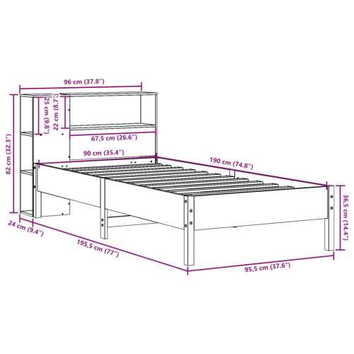 Krevet s regalom za knjige bez madraca 90x190 cm od borovine - Prirodna 90 x 190 cm Cijena