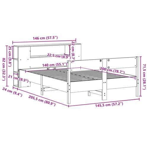 Krevet s regalom za knjige bez madraca 140x200 cm od borovine - Prirodna 140 x 200 cm Cijena