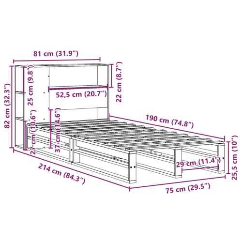 Krevet s regalom za knjige bez madraca 75 x 190 cm masivno drvo - Voštano smeđa 75 x 190 cm Cijena