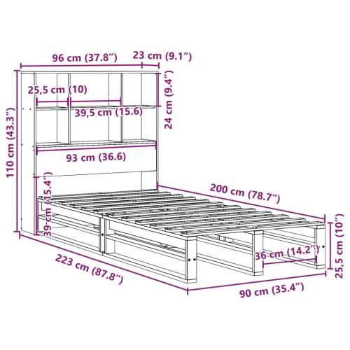 Krevet s regalom za knjige bez madraca 90 x 200 cm masivno drvo - Voštano smeđa 90 x 200 cm Cijena