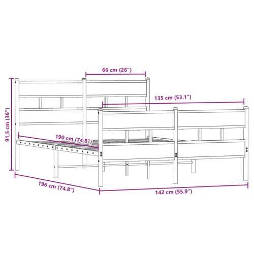 Metalni okvir kreveta bez madraca boja hrasta 135x190 cm - Dimljeni hrast 135 x 190 cm s uzglavljem i podnožjem Cijena