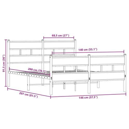 Metalni okvir kreveta bez madraca boja hrasta 140x200 cm - Dimljeni hrast 140 x 200 cm s uzglavljem i podnožjem Cijena