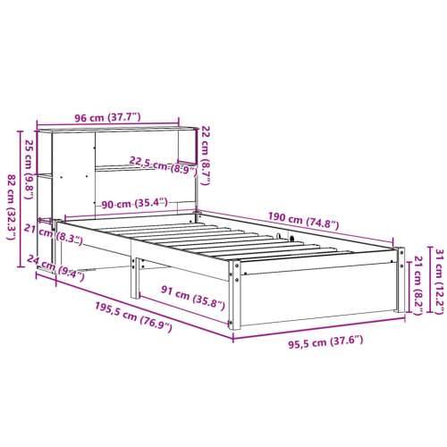 Krevet s regalom za knjige bez madraca 90x190 cm od borovine - Prirodna 90 x 190 cm Cijena
