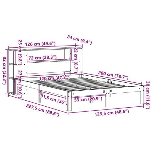 Krevet s regalom za knjige bez madraca 120x200 cm od borovine - Prirodna 120 x 200 cm Cijena