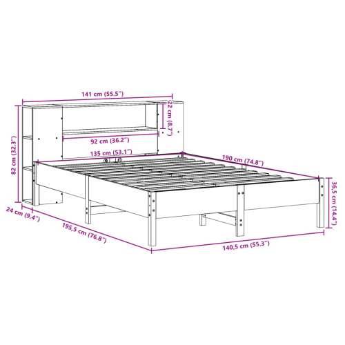Krevet s regalom za knjige bez madraca 135x190 cm od borovine - Prirodna 135 x 190cm Cijena