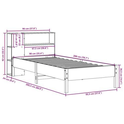 Krevet s regalom za knjige bez madraca 90x200 cm od borovine - Prirodna 90 x 200 cm Cijena