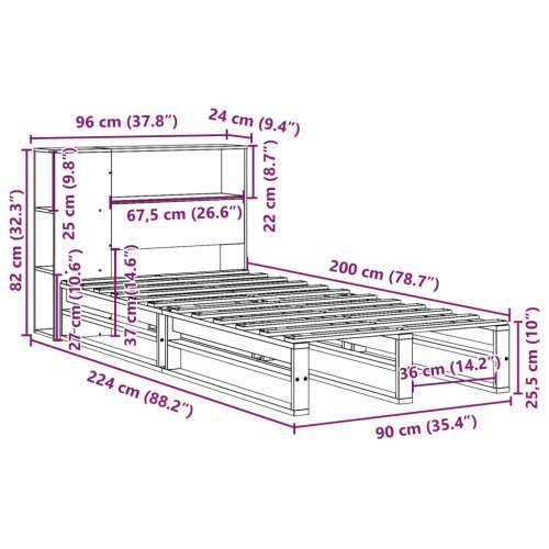 Krevet s regalom za knjige bez madraca 90x200 cm masivno drvo - Smeđa 90 x 200 cm Cijena