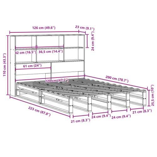 Krevet s regalom za knjige bez madraca 120x200 cm masivno drvo - Smeđa 120 x 200 cm Cijena