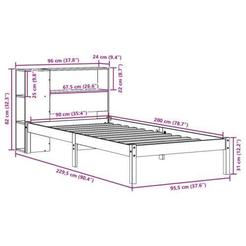 Krevet s regalom za knjige bez madraca 90 x 200 cm od borovine - Voštano smeđa 90 x 200 cm Cijena