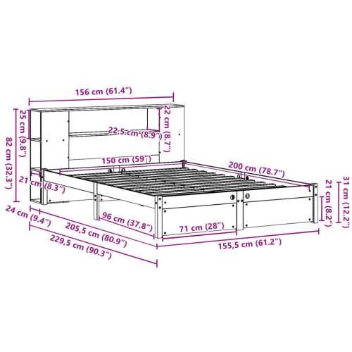 Krevet s regalom z knjige bez madraca bijeli 150x200cm borovina - Bijela 150 x 200 cm Cijena