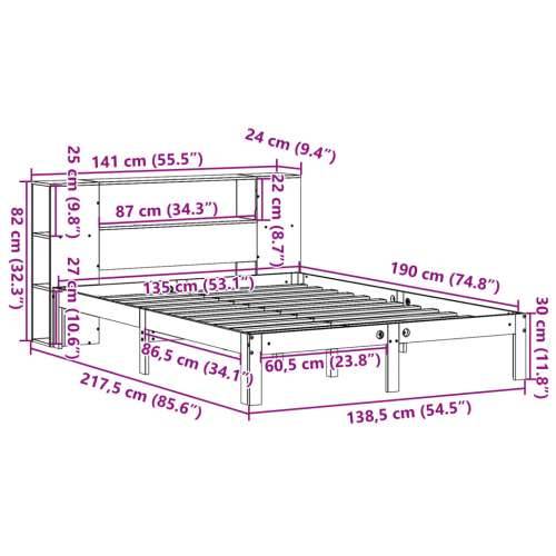 Krevet s regalom za knjige bez madraca 135x190 cm od borovine - Prirodna 135 x 190 cm Cijena