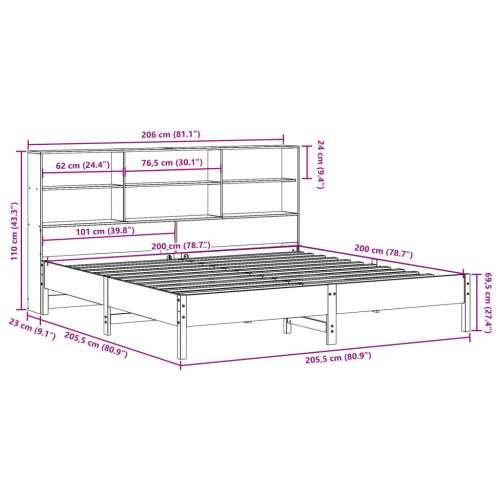 Krevet s regalom za knjige bez madraca 200 x 200 cm od borovine - Prirodna 200 x 200 cm Cijena