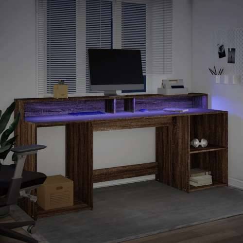 Radni stol s LED svjetlima smeđa boja hrasta 200x55x91cm drveni - Smeđi hrast 200 x 55 x 91 cm Cijena
