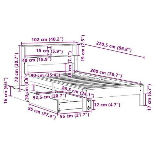 Krevet s regalom za knjige bez madraca 90 x 200 cm od borovine - Voštano smeđa 90 x 200 cm Cijena