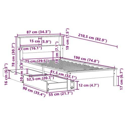 Krevet s regalom za knjige bez madraca bijeli 75x190cm borovina - Bijela 75 x 190 cm Cijena