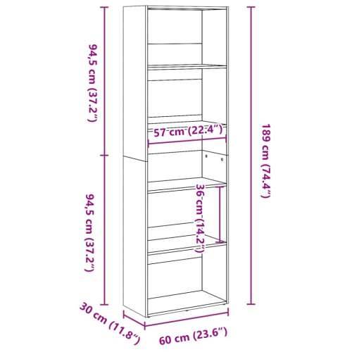 Regal za knjige boja starog drva 60x30x189 cm konstruirano drvo - Staro drvo 1 189 cm 60 cm Cijena