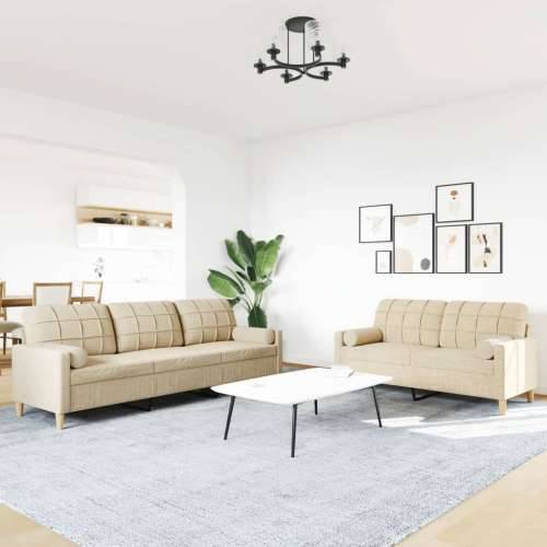 2-dijelni set sofa s ukrasnim jastucima krem od tkanine - Krema s jastučićima Cijena