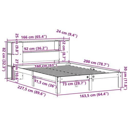 Krevet s regalom za knjige bez madraca 160x200 cm od borovine - Prirodna 160 x 200 cm Cijena