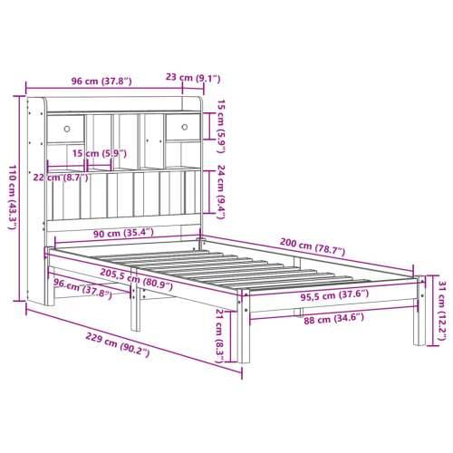 Krevet s regalom za knjige bez madraca 90 x 200 cm od borovine - Voštano smeđa 90 x 200 cm Cijena