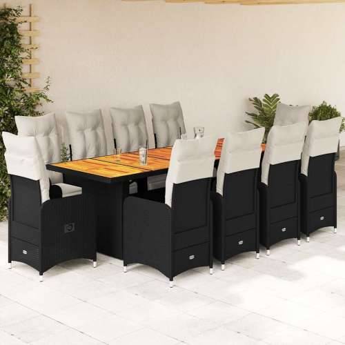 11-dijelni vrtni bistro set od poliratana s jastucima crni - Crna boja drva 10 Cijena