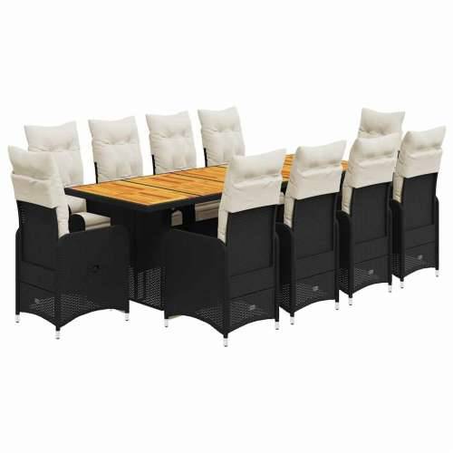 11-dijelni vrtni bistro set od poliratana s jastucima crni - Crna boja drva 10 Cijena