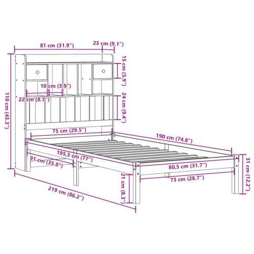 Krevet s regalom za knjige bez madraca bijeli 75x190cm borovina - Bijela 75 x 190 cm Cijena