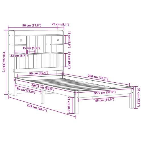 Krevet s regalom za knjige bez madraca 90x200 cm od borovine - Prirodna 90 x 200 cm Cijena