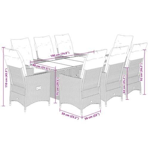 Vrtna garnitura - 9-dijelni vrtni blagovaonski set s jastucima crni od poliratana - 190 x 80 x 75 cm Bez naslona za noge 8 Cijena