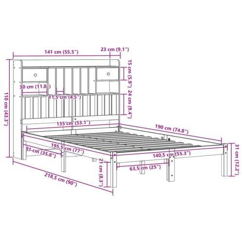 Krevet s regalom za knjige bez madraca 135x190 cm od borovine - Prirodna 135 x 190 cm Cijena