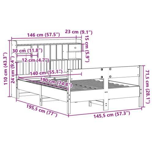 Krevet s regalom za knjige bez madraca 140x190 cm od borovine - Prirodna 140 x 190 cm Cijena