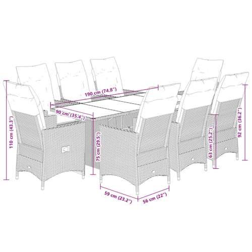 Vrtna garnitura - 9-dijelni vrtni blagovaonski set s jastucima crni od poliratana - 190 x 80 x 75 cm Sa naslonom za noge 8 Cijena
