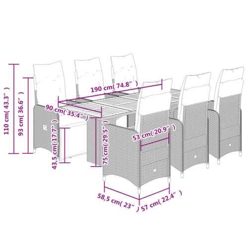 7-dijelni vrtni bistro set od poliratana s jastucima crni - 190 x 80 x 75 cm boja drva 6 Cijena