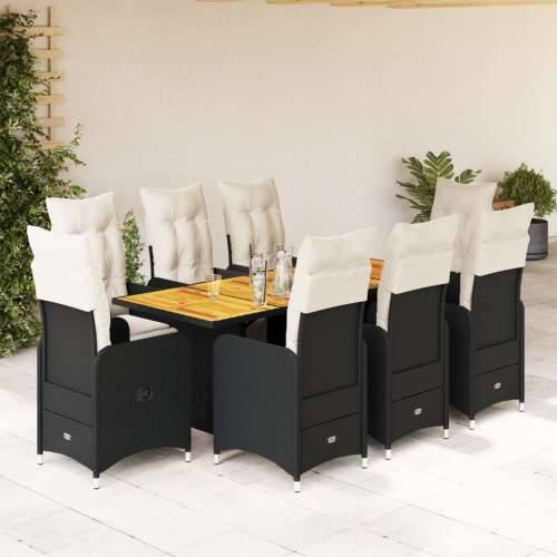 9-dijelni vrtni bistro set od poliratana s jastucima crni - 190 x 80 x 75 cm boja drva 8 Cijena