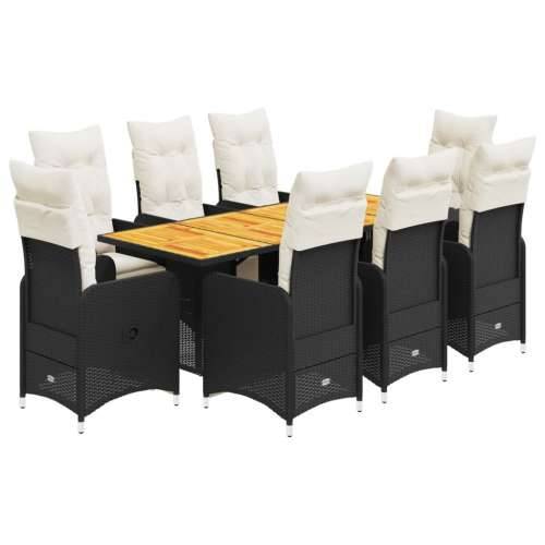 9-dijelni vrtni bistro set od poliratana s jastucima crni - 190 x 80 x 75 cm boja drva 8 Cijena