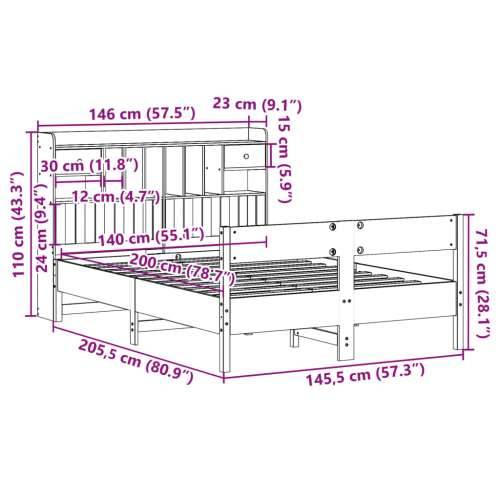 Krevet s regalom za knjige bez madraca 140x200 cm od borovine - Prirodna 140 x 200 cm Cijena