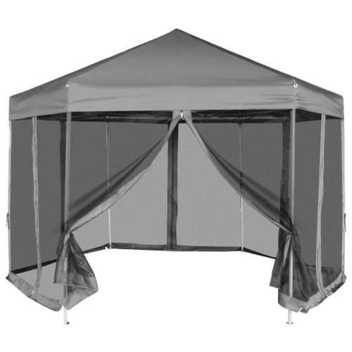 Šesterokutni prigodni šator sa 6 bočnih zidova sivi 3,6 x 3,1 m