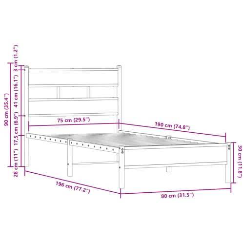 Okvir kreveta bez madraca s uzglavljem boja hrasta 75x190 cm - Dimljeni hrast 75 x 190 cm s uzglavljem i niskim podnožjem Cijena