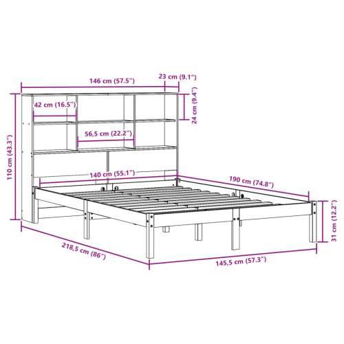 Krevet s regalom za knjige bez madraca 140x190 cm od borovine Prirodna 140 x 190 cm Cijena