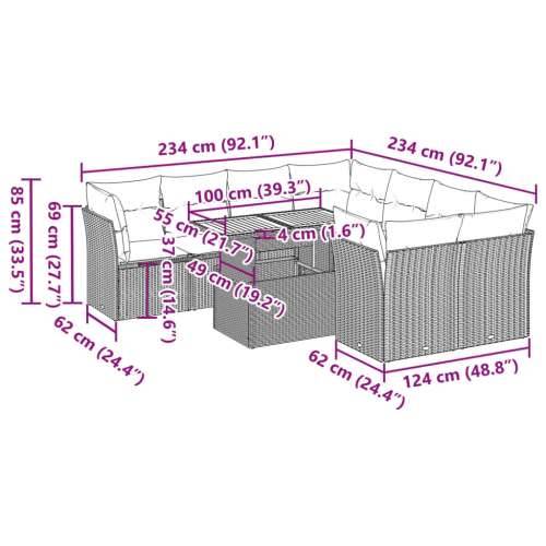 Vrtna garnitura - 9-dijelni set vrtnih sofa s jastucima crni od poliratana - Crna 4x kutna + 4x srednja + stol 1 Cijena