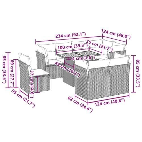 Vrtna garnitura - 9-dijelni set vrtnih sofa od poliratana s jastucima sivi - siva i tamnosiva 3x srednja + 5x kutna + stol 1 Cijena