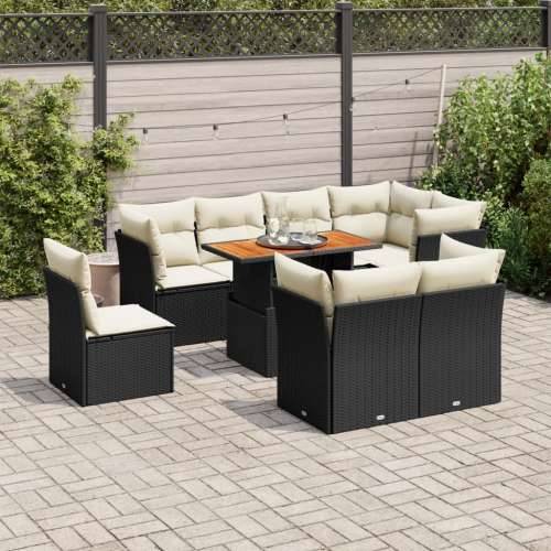 Vrtna garnitura - 9-dijelni set vrtnih sofa s jastucima crni od poliratana - Crna i krem 3x srednja + 5x kutna + stol 1 Cijena