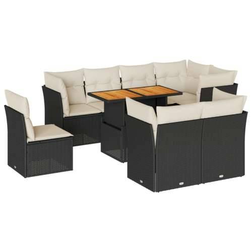 Vrtna garnitura - 9-dijelni set vrtnih sofa s jastucima crni od poliratana - Crna i krem 3x srednja + 5x kutna + stol 1 Cijena