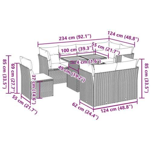 Vrtna garnitura - 9-dijelni set vrtnih sofa s jastucima crni od poliratana - Crna i krem 3x srednja + 5x kutna + stol 1 Cijena