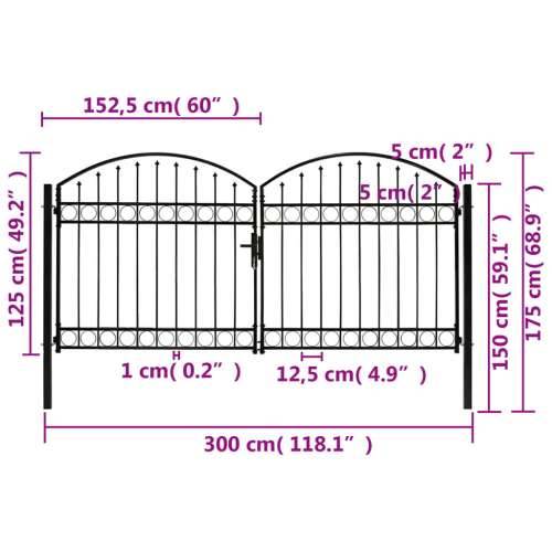 Dvostruka vrata za ogradu s lučnim vrhom čelična 300x125 cm crna Cijena