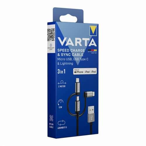 USB kabel Varta 2 m Crna 3 u 1 USB-C Micro USB Lightning Cijena