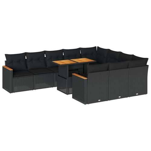 Vrtna garnitura - 11-dijelni set vrtnih sofa poliratan i bagrem s jastucima crni - Crna 1 Cijena