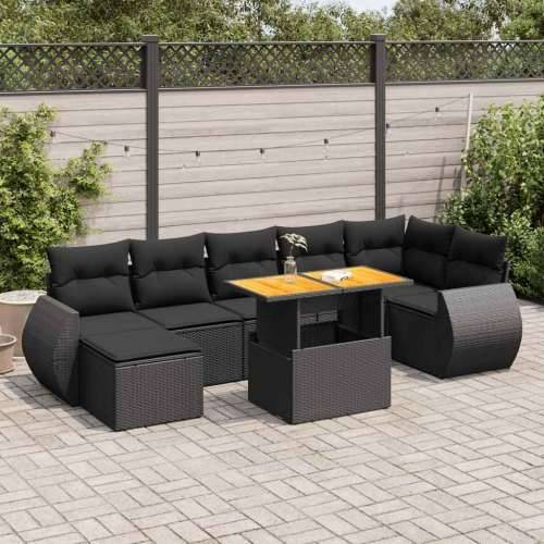 Vrtna garnitura - 8-dijelni set vrtnih sofa od poliratana s jastucima crni - Crna 3x kutna + stol + 3x srednja + tabure 1 Cijena