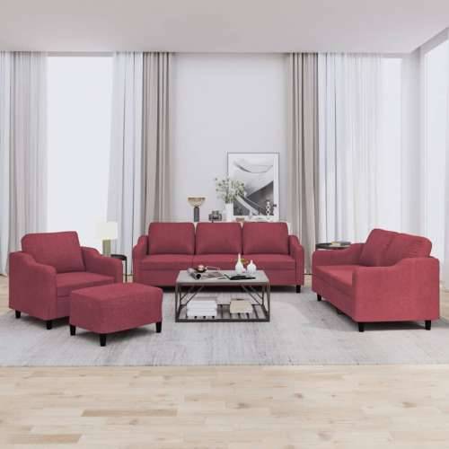 4-dijelni set sofa s jastucima crvena boja vina od tkanine - boja crnog vina s jastučićima i tabureom Cijena