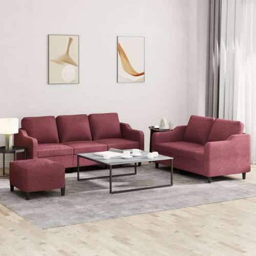3-dijelni set sofa s jastucima crvena boja vina od tkanine - boja crnog vina s jastučićima i tabureom Cijena