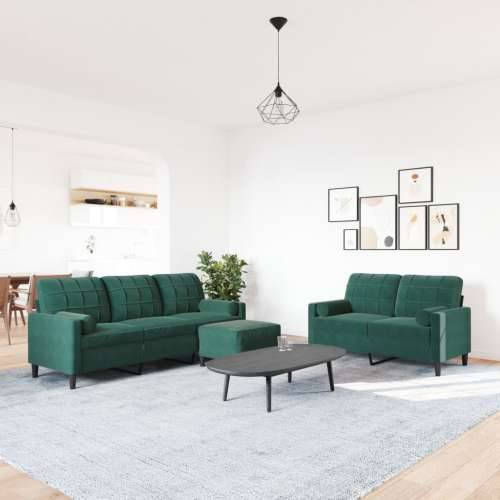 3-dijelni set sofa s jastucima tamnozeleni baršunasti - Tamnozelena s jastucima i tabureom Cijena